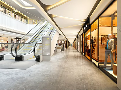 Spacious Modern Shopping Mall Lobby With Escalators Storefronts Mannequins And Polished Floor 3d model