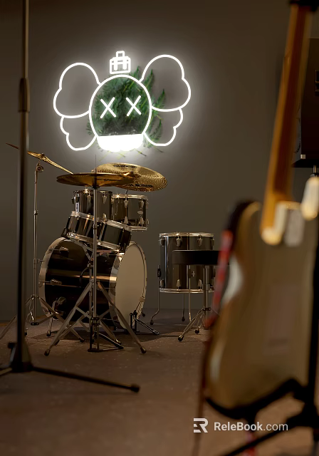 Musical Instruments and Art Supplies Display Including Drum Set Cymbals Guitar and Neon Light 3d model 