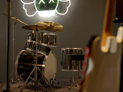 Musical Instruments and Art Supplies Display Including Drum Set Cymbals Guitar and Neon Light 3d model