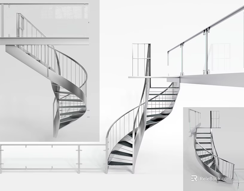 Modern Spiral Staircase Interior Design With Metal Handrail Glass Railing And Black Steps 3d model 