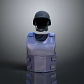 Tactical Protective Weapon Gear With Black Helmet And Purple Bulletproof Vest On Dark Reflective Background