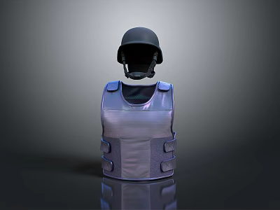 Tactical Protective Weapon Gear With Black Helmet And Purple Bulletproof Vest On Dark Reflective Background 3d model