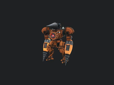 Standing Mechanical Robot With Orange Black Armor And Red Glowing Eye 3d model