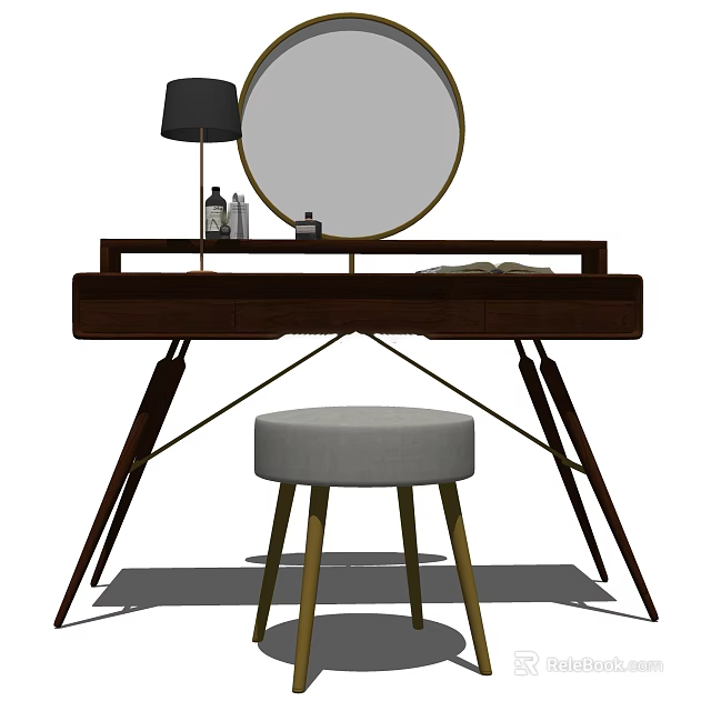 Modern Wooden Dressing Table With Round Mirror Stool And Table Lamp Accessories 3d model