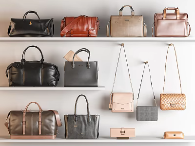 Stylish Assorted Handbags in Various Colors Displayed on White Shelves 3d model