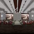 Elegant Wedding Banquet Hall With Red Chairs Floral Centerpieces Wooden Floor And Large Screens