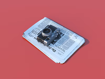 Vintage Camera Resting On Stack Of Newspapers Against Red Background 3d model