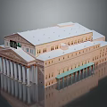 Classical Building Model Featuring White Roof Beige Walls Columns Green Awning Entrance Multi Story Design