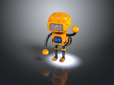 Game Movie Character Yellow Cartoon Robot With Mechanical Arms Head Screen And Shiny Surface 3d model