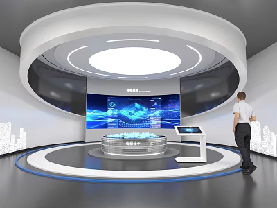 Modern Tech Exhibition Hall Featuring Circular Platform Large Screen Data Charts and Interactive Screen 3d model