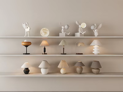 Table Lamps on Light Colored Shelves with Various Designs Colors and White Animal Sculptures 3d model