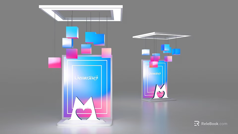 Colorful Modern Background Wall Design With Hanging Square Decorations Gradient Colors And Cat Pattern 3d model 