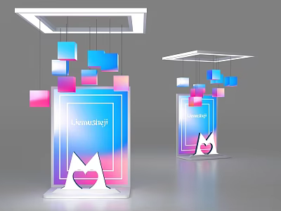 Colorful Modern Background Wall Design With Hanging Square Decorations Gradient Colors And Cat Pattern 3d model