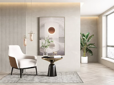 White Single Sofa with Small Table Decorative Painting Hanging Lights Green Plant and Wooden Floor 3d model