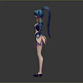 3D Fantasy Character Model With Blue Hair Headdress Light Top Yellow Skirt Arm Decorations And Orange Shoes