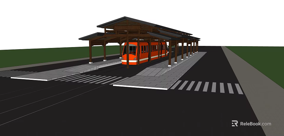 Covered Train Station With Wooden Roof Pillars Orange Train Platform And Zebra Crossing 3d model 