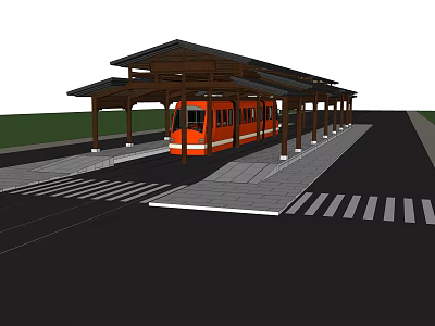 Covered Train Station With Wooden Roof Pillars Orange Train Platform And Zebra Crossing 3d model