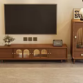 Modern Living Room TV Stand With Glass Doors Matching Tall Cabinet And Table Lamp