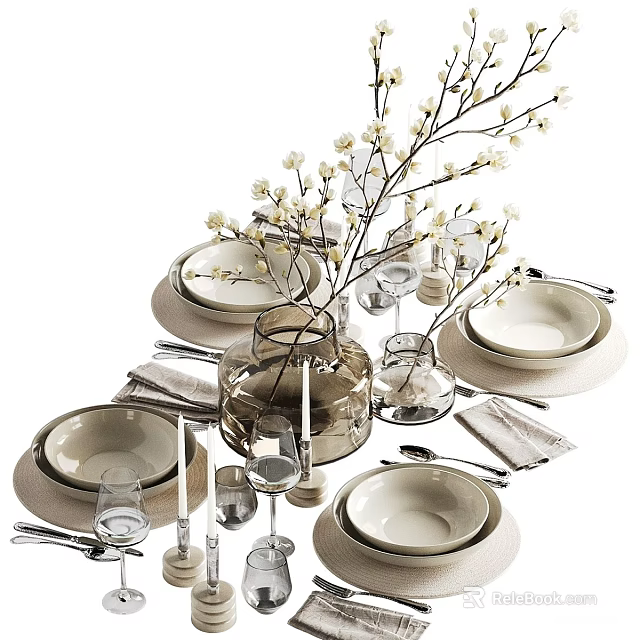 Elegant Tableware Set With Bowls Plates Cutlery Glassware Napkins Vase And Decorative Flowers 3d model 
