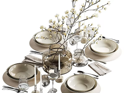 Elegant Tableware Set With Bowls Plates Cutlery Glassware Napkins Vase And Decorative Flowers 3d model