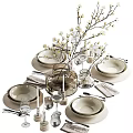 Elegant Tableware Set With Bowls Plates Cutlery Glassware Napkins Vase And Decorative Flowers