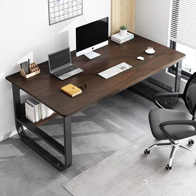 Modern Wooden Office Desk With Laptop Desktop Monitor Keyboard Mouse Stationery Organizer And Ergonomic Chair 3d model 