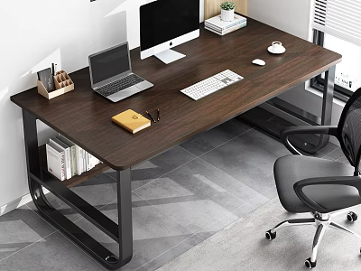 Modern Wooden Office Desk With Laptop Desktop Monitor Keyboard Mouse Stationery Organizer And Ergonomic Chair 3d model