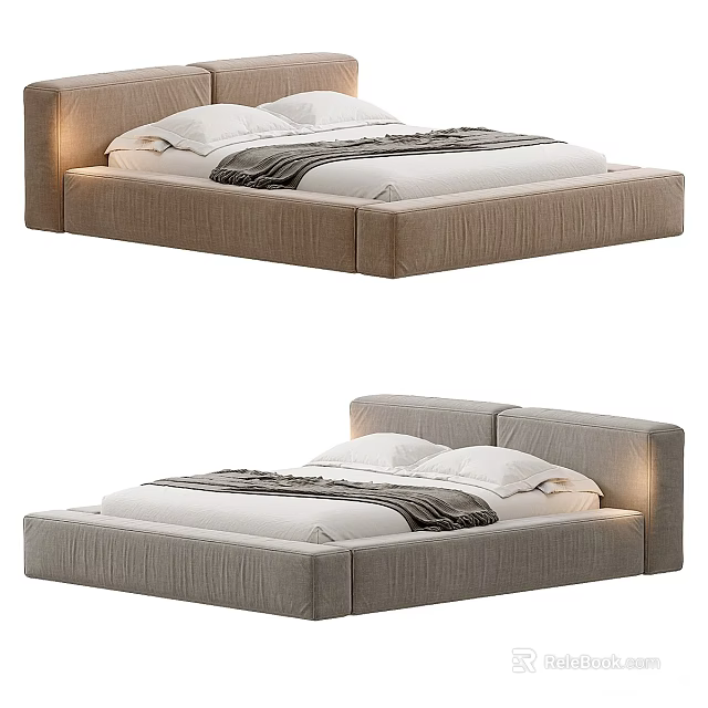 Modern Upholstered Double Bed With Bedside Lights And Neutral Tones Linen Bedding 3d model 