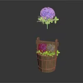 Cartoon Scene Featuring Blue Hydrangea Flowers In Wooden Bucket And Isolated Bloom