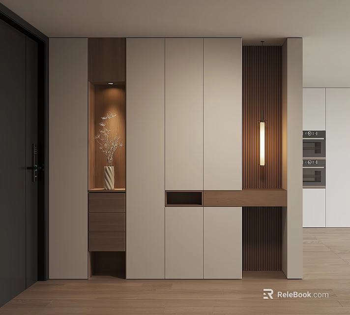 Modern Shoe Cabinet With Built-in Storage Wooden And White Finish Ambient Lighting And Decorative Vase 3d model 