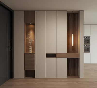 Modern Shoe Cabinet With Built-in Storage Wooden And White Finish Ambient Lighting And Decorative Vase 3d model