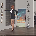 A Woman Posing in Black Blazer Dress Against Golden Grid and Oil Painting