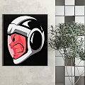 Wall Art With Two Helmeted Characters Blue Red Faces On Gray Wall And Plant