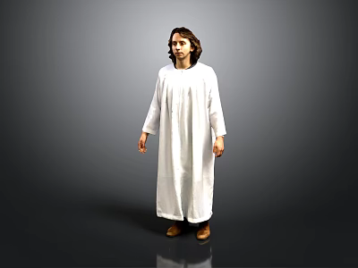 A Man Wearing Full Length White Robe Standing Against Gray Background 3d model