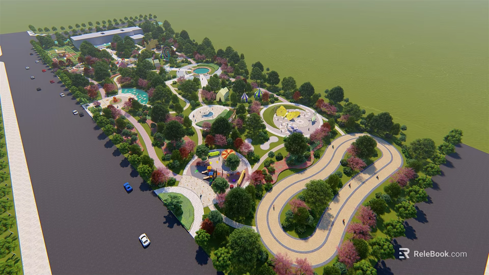 Scenic Park Landscape With Winding Paths Lush Trees Play Areas And Ponds 3d model 