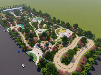 Scenic Park Landscape With Winding Paths Lush Trees Play Areas And Ponds 3d model