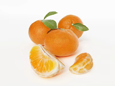 Fresh Tangerines With Green Leaves Whole Sliced And Peeled Segments On White Background 3d model