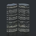 Twin Modern Curved Office Buildings With Glass Facade And Illuminated Windows