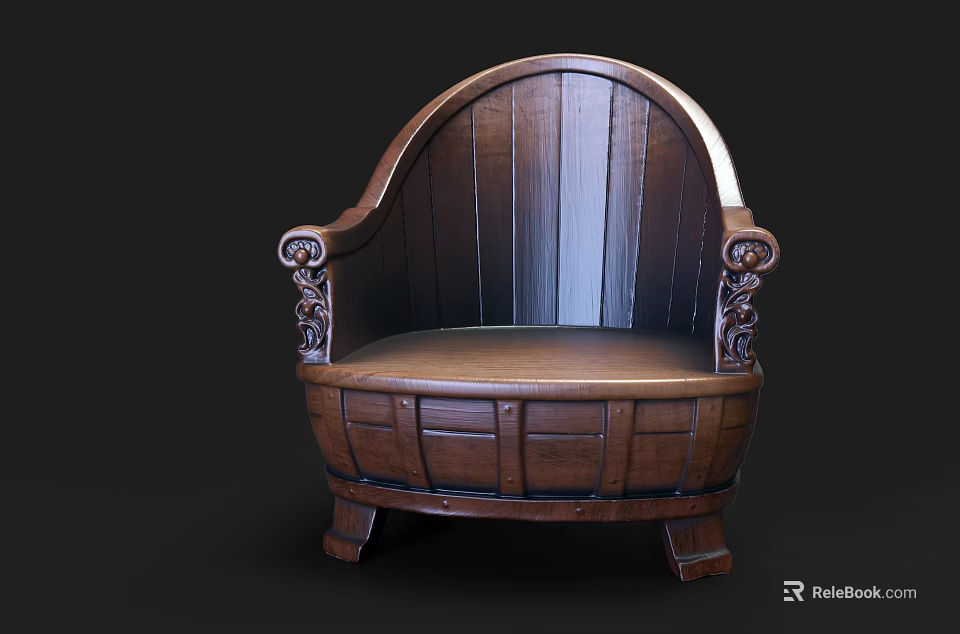 Vintage Wooden Outdoor Sofa With Barrel Shaped Design And Carved Details 3d model 