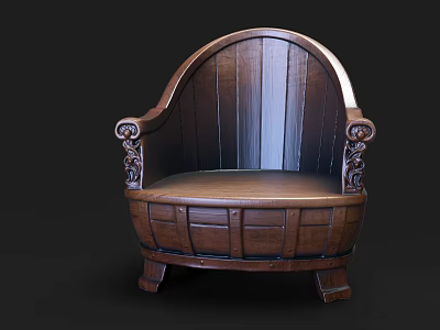 Vintage Wooden Outdoor Sofa With Barrel Shaped Design And Carved Details 3d model