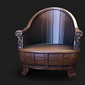 Vintage Wooden Outdoor Sofa With Barrel Shaped Design And Carved Details