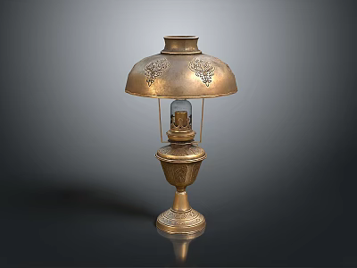 Vintage Brass Table Lamp With Carved Decorations Ornate Shade And Elegant Base Design 3d model