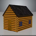 Traditional Rustic Log Cabin With Orange Log Structure Dark Roof Wooden Door And Blue Windows