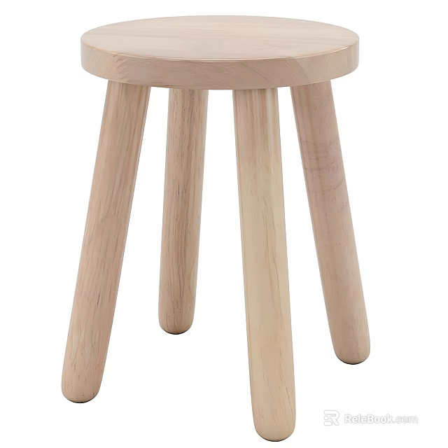 Natural Wooden Stool With Round Seat And Four Sturdy Legs Design 3d model 