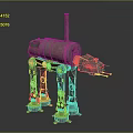 Giant Mechanical Walker With Cylindrical Metal Body Four Legs And Weapon-like Arm
