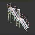 White Industrial Metal Platform with Stairs Handrails and Reflective Surface