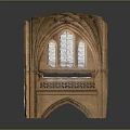 Wooden Arched Architectural Structure With Intricate Carvings And Stained Glass Windows
