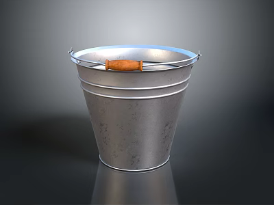 Sturdy Silver Metal Bucket With Wooden Handle Essential Household Item For Daily Use 3d model