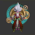 Man In Red Gold Robe With White Hair Beard Blue Circular Gears And Green Gemstones