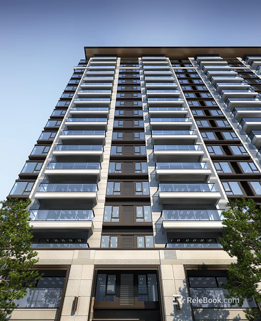 Modern High Rise Residential Building Exterior Design With Glass Balconies And Green Trees 3d model 